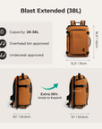 38L expandable travel backpack shown at its standard size and fully expanded capacity, revealing significant extra space