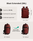 38L expandable travel backpack shown at its standard size and fully expanded capacity, revealing significant extra space